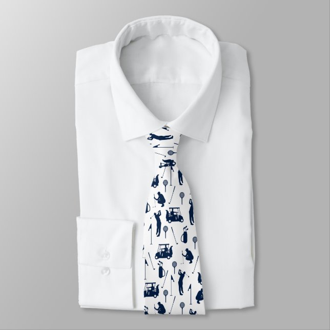 Blue and White Golf Symbols Pattern Tie (Tied)