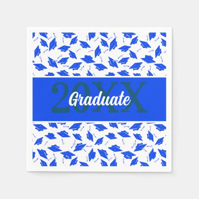 Blue and White Graduation Caps Tossed in the Air  Napkin (Front)