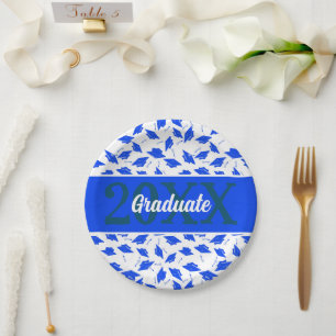 Blue and White Graduation Caps Tossed in the Air Paper Plate