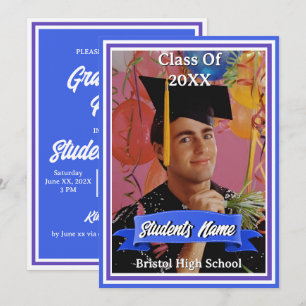 Blue and White Graduation Party Photo Invitation