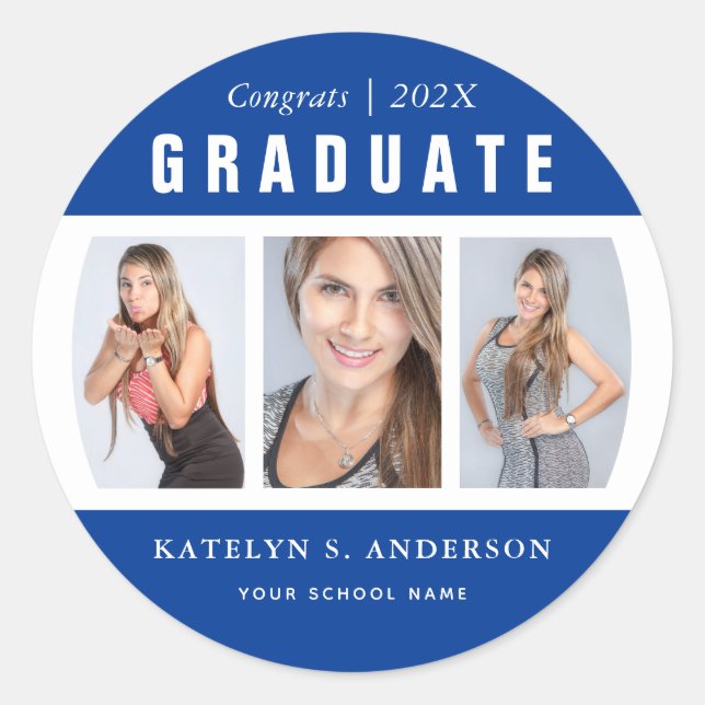 Blue and White Graduation Photo Collage Classic Round Sticker (Front)