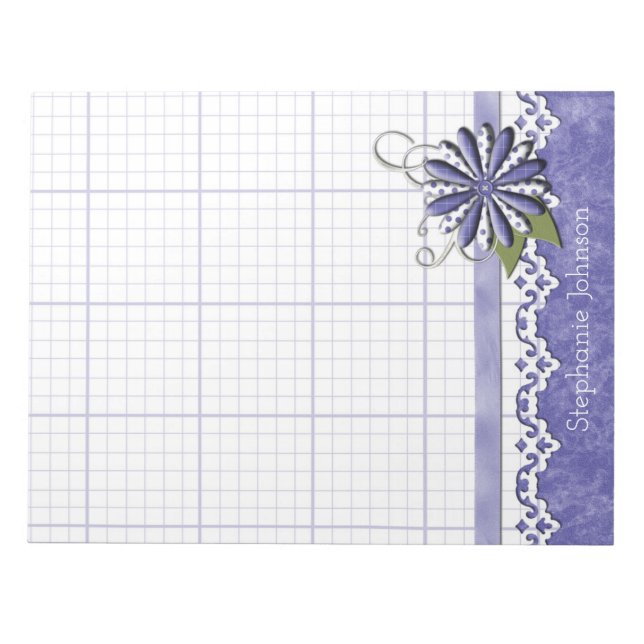 Blue and White Graph Paper Floral Notepad (Front)
