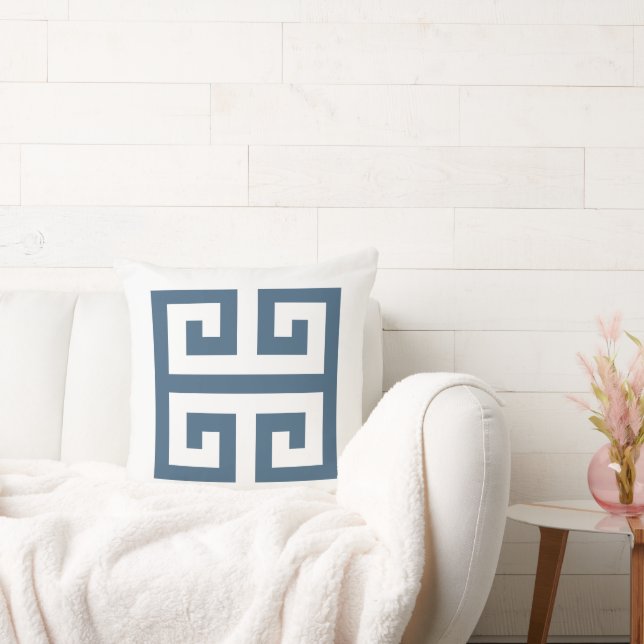 Blue and White Greek Key Throw Pillow (Couch)
