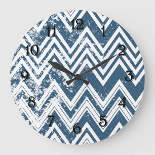 Blue and White Grunge Chevron Large Clock