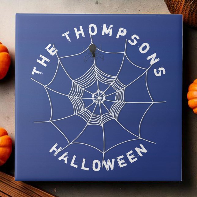 Blue and White Halloween Spooky Custom Tile (Spooky Halloween blue and white spider web custom tile)