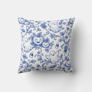 Blue and White Halloween Toile Pattern Cute Ghosts Throw Pillow