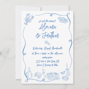 Blue and White Hand Drawn Wedding Invitation