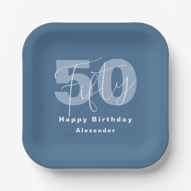 Blue And White Happy 50th Birthday Celebration Paper Plate (Front)