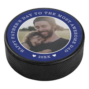 Blue And White Happy Father's Day Photo      Hockey Puck