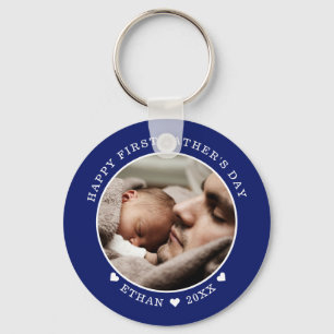 Blue And White Happy First Father's Day Photo     Keychain