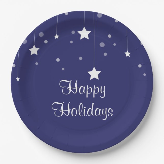 Blue and White Happy Holidays Paper Plate (Front)