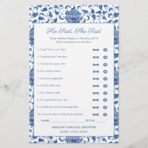 Blue And White He Said She Said Shower Game Card