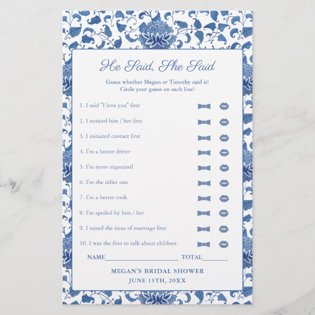 Blue And White He Said She Said Shower Game Card (Front)