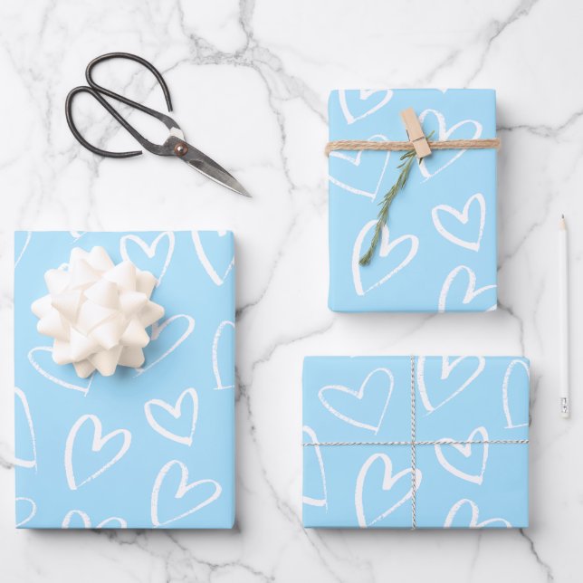 Blue and white heart pattern  wrapping paper sheet (Front)