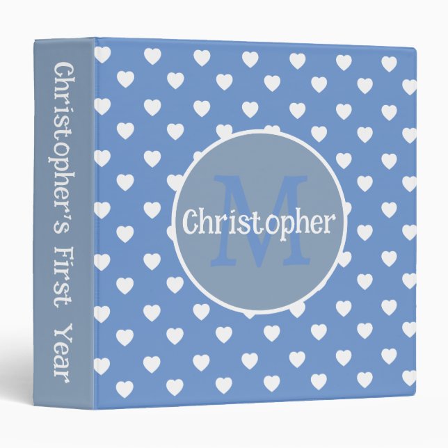 Blue and White Hearts Monogram Scrapbook Binder (Front/Spine)