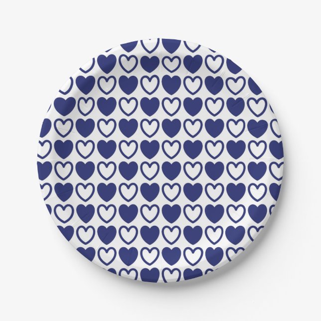 Blue and White Hearts Paper Plate (Front)