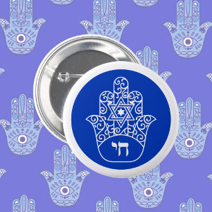 Blue and White Hebrew Chai Hamsa 2 Inch Round Button