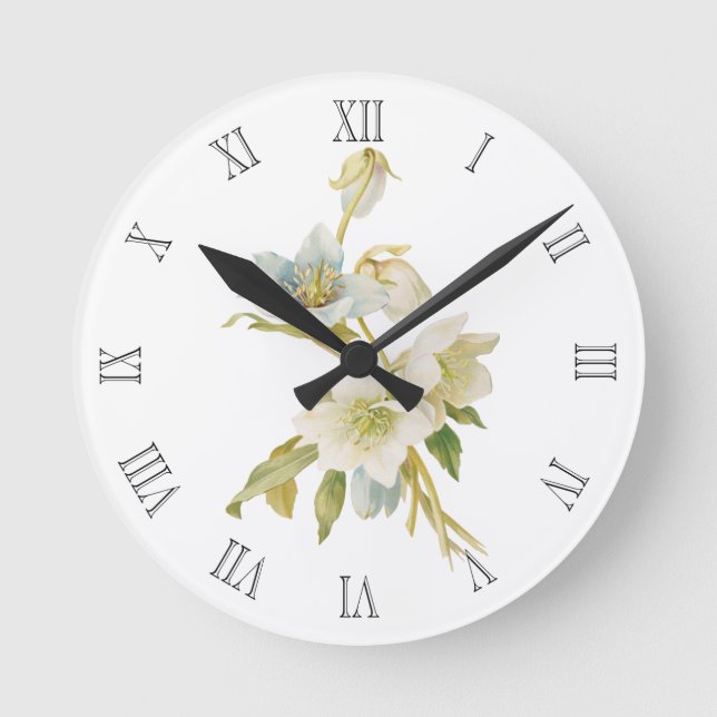 Blue and white hellebores round clock (Front)