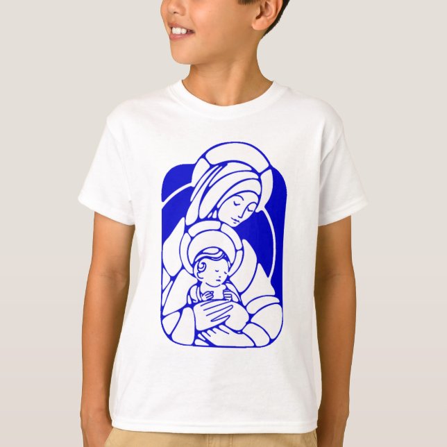 Blue and White Holy Mother and Child T-Shirt (Front)