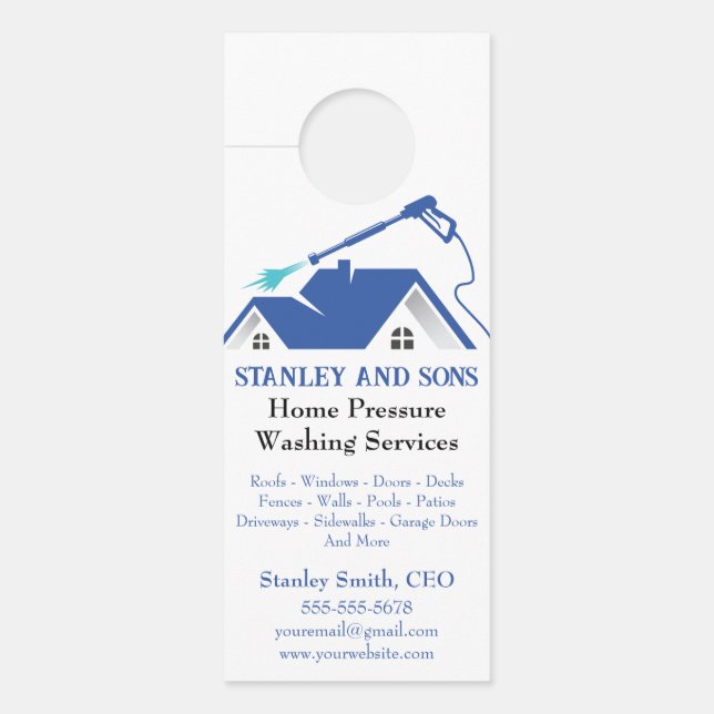 Blue and White Home Pressure Washing Door Hanger (Front)