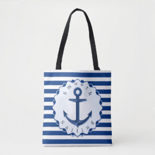 Blue and White Horizontal Stripe With Anchor       Tote Bag