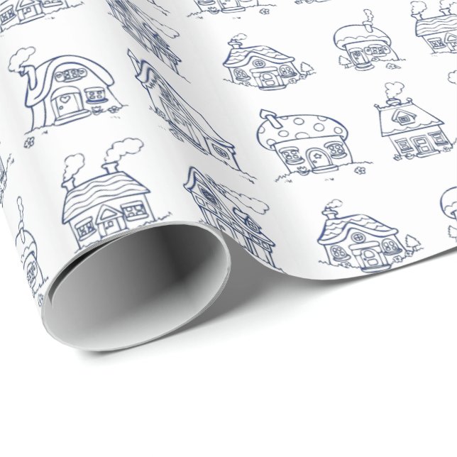 Blue and White Houses Illustrated Pattern Wrapping Paper (Roll Corner)