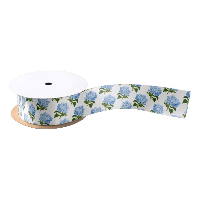 Blue and White Hydrangea Flower Pattern Satin Ribbon (Spool)