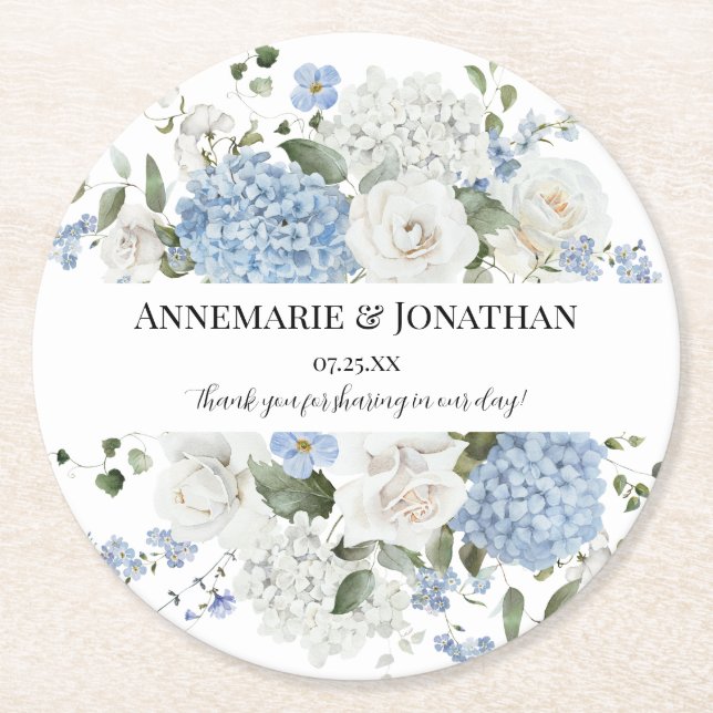 Blue and White Hydrangeas and Roses Floral Wedding Round Paper Coaster (Front)