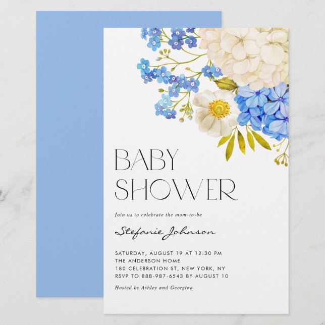 Blue and White Hydrangeas Baby Shower Invitation (Front/Back)