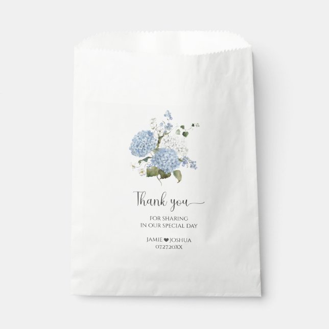 Blue and White Hydrangeas Greenery Wedding Favour Bag (Front)