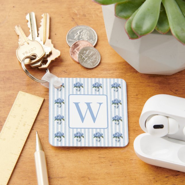 Blue and White Hydrangeas on Stripes Monogram Keychain (Desk)