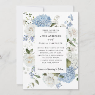 Blue and White Hydrangeas, White Roses Floral  Invitation