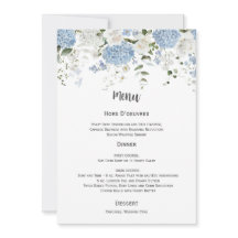 Blue and White Hydrangeas White Roses Wedding Menu