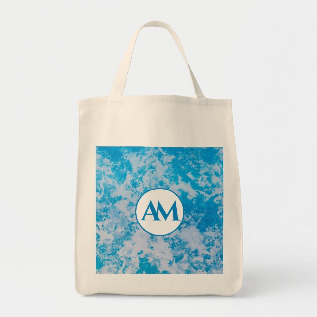 Blue and white ice planet surface name tote bag (Front)
