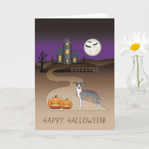 Blue And White Iggy And Halloween Haunted House Card