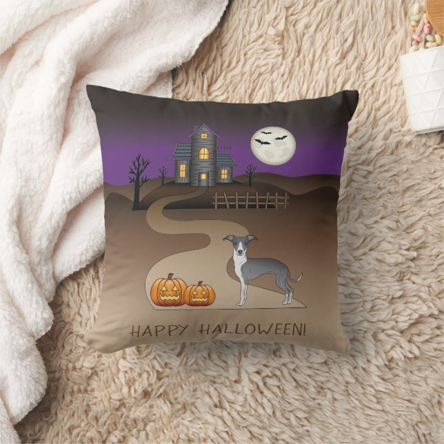 Blue And White Iggy And Halloween Haunted House Throw Pillow (Blanket)