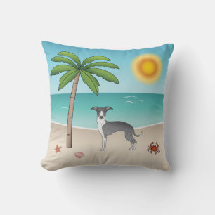Blue And White Iggy Dog At A Tropical Summer Beach Throw Pillow