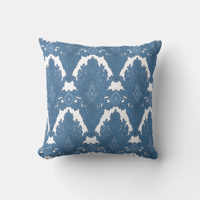Blue and White IKAT Damask Moroccan Pattern Art Throw Pillow (Front)