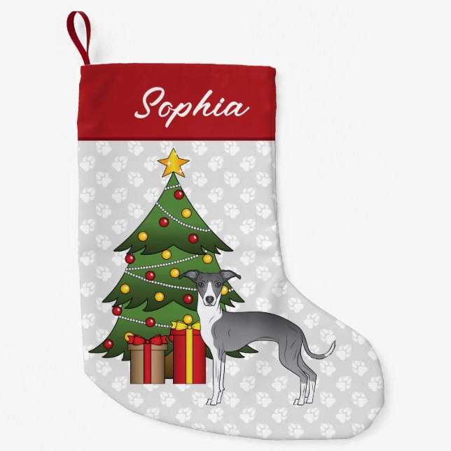 Blue And White Italian Greyhound & Christmas Tree Small Christmas Stocking (Front)