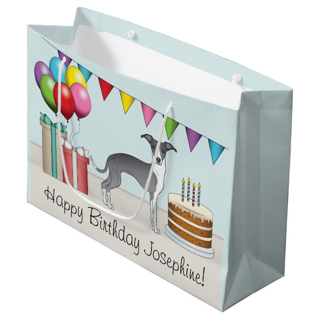 Blue And White Italian Greyhound Colourful Birthda Large Gift Bag (Front Angled)