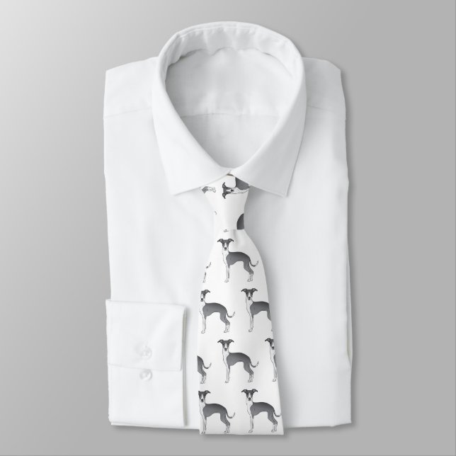 Blue And White Italian Greyhound Cute Dog Pattern Tie (Tied)