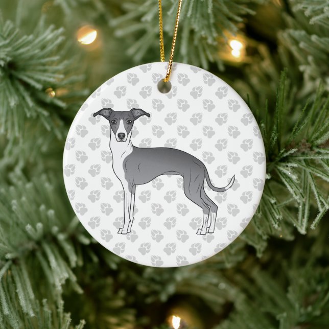 Blue And White Italian Greyhound Dog With Paws Ceramic Ornament (Tree)