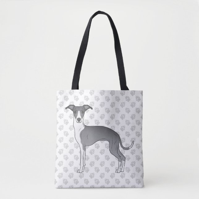 Blue And White Italian Greyhound Dog With Paws Tote Bag (Front)