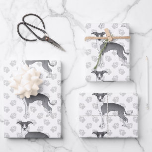 Blue And White Italian Greyhound Dogs With Paws Wrapping Paper Sheet