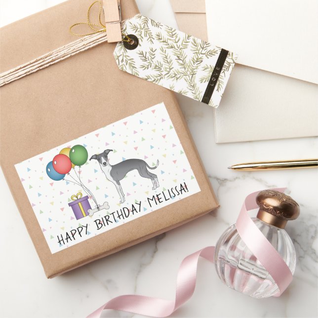 Blue And White Italian Greyhound - Happy Birthday Sticker (Gifting)