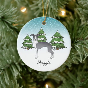 Blue And White Italian Greyhound In Winter Forest Ceramic Ornament
