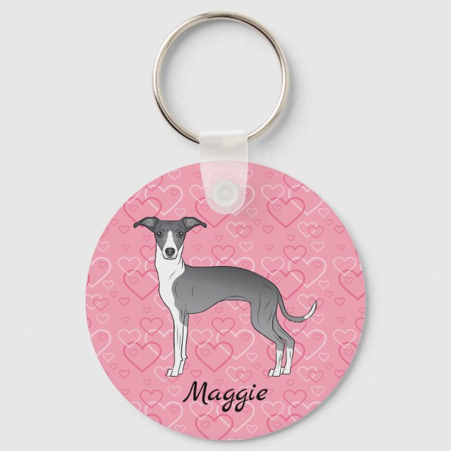 Blue And White Italian Greyhound On Pink Hearts Keychain (Front)