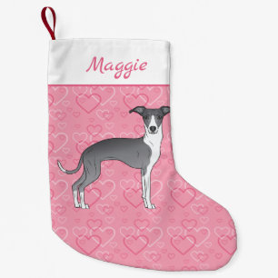 Blue And White Italian Greyhound On Pink Hearts Small Christmas Stocking