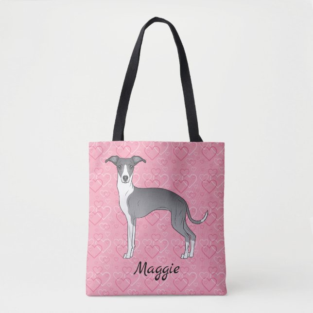 Blue And White Italian Greyhound On Pink Hearts Tote Bag (Front)