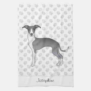 Blue And White Italian Greyhound With Custom Name Kitchen Towel